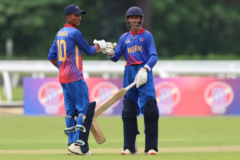 Nepal U-16 cricket players celebrating their win against Indonesia during the ACC U-16 East Zone Cup match at Selangor Turf Club, Malaysia.