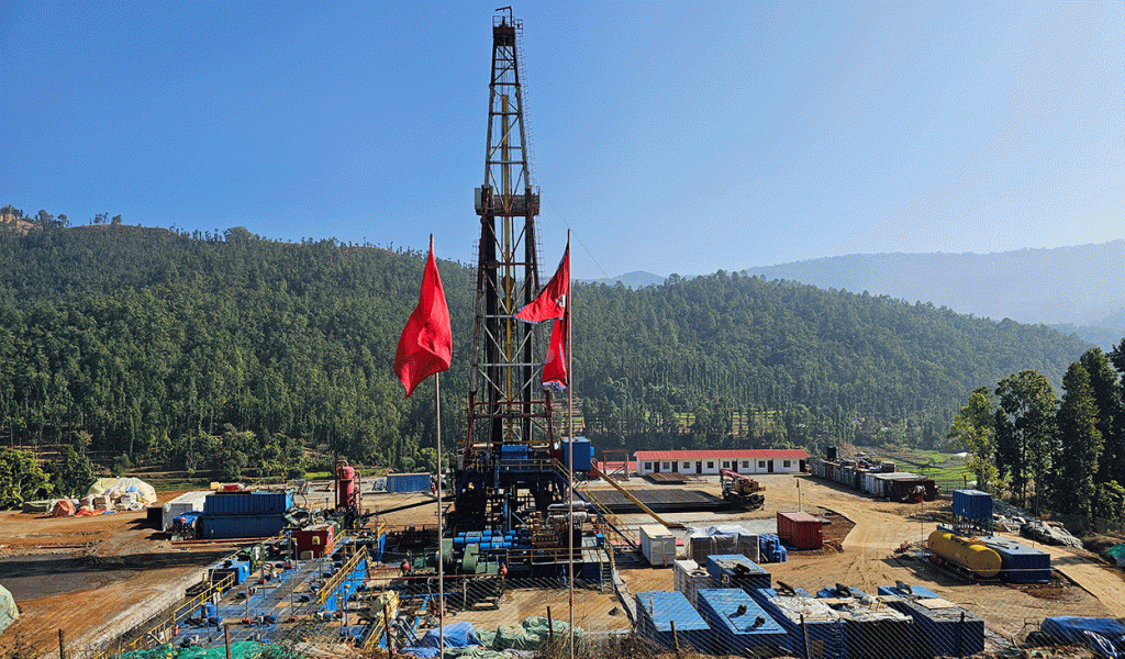 Chinese and Nepali engineers conduct gas drilling operations in Dailekh, Nepal as part of a natural gas exploration project.