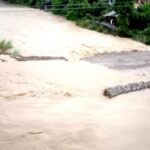 Flooded road in Dumkibas, Nawalpur after heavy rainfall disrupted traffic and washed away a diversion route.