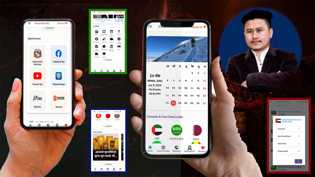 Roshan Shrestha App mega update showing offline tools, visa checker, and AI assistant features
