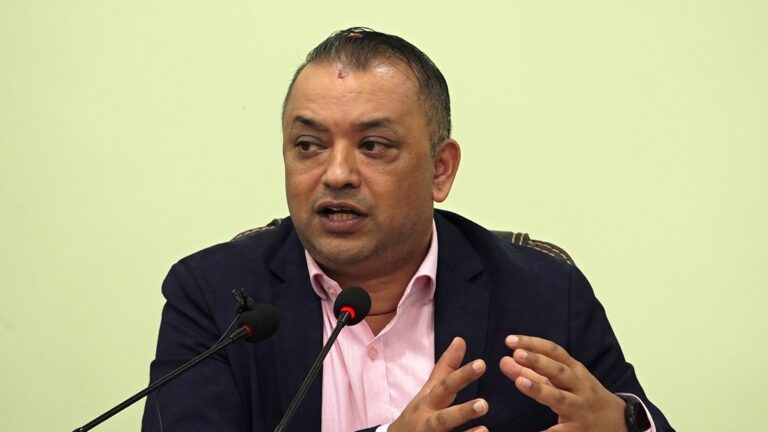 Gagan Kumar Thapa speaking at a student interaction program in Kathmandu, July 2025