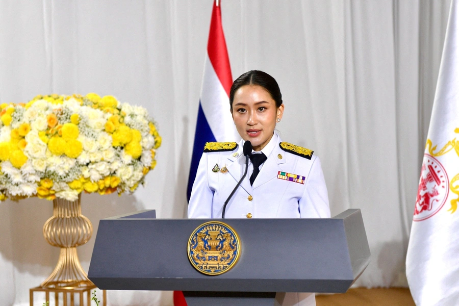 Prime Minister Paethongtarn Shinawatra speaking at a press conference in Bangkok after being suspended by Thailand’s Constitutional Court over ethics allegations.