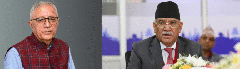 Dr. Shekhar Koirala and Prachanda in discussion during a political meeting at Khumaltar, Kathmandu