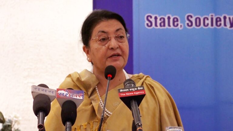 Bidya Devi Bhandari, Nepal’s first female president, speaking to journalists at her residence in Budhanilkantha, Kathmandu, announcing her return to active politics.