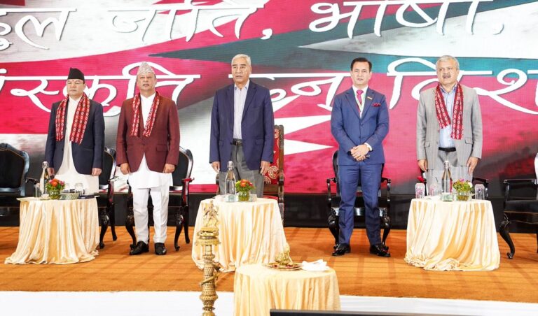 Former Prime Minister Sher Bahadur Deuba receives applause from private energy producers at IPPAN’s 23rd annual celebration in Kathmandu.
