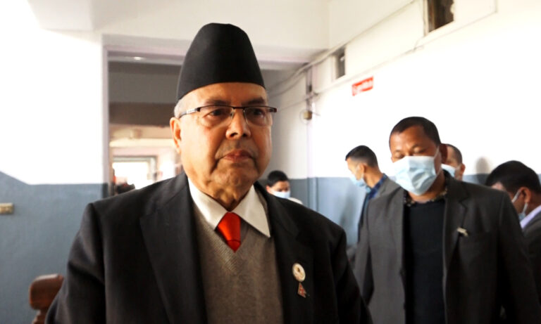 Jhala Nath Khanal speaking to journalists in Kathmandu about Bidya Devi Bhandari’s potential political return and left-wing unity in Nepal.