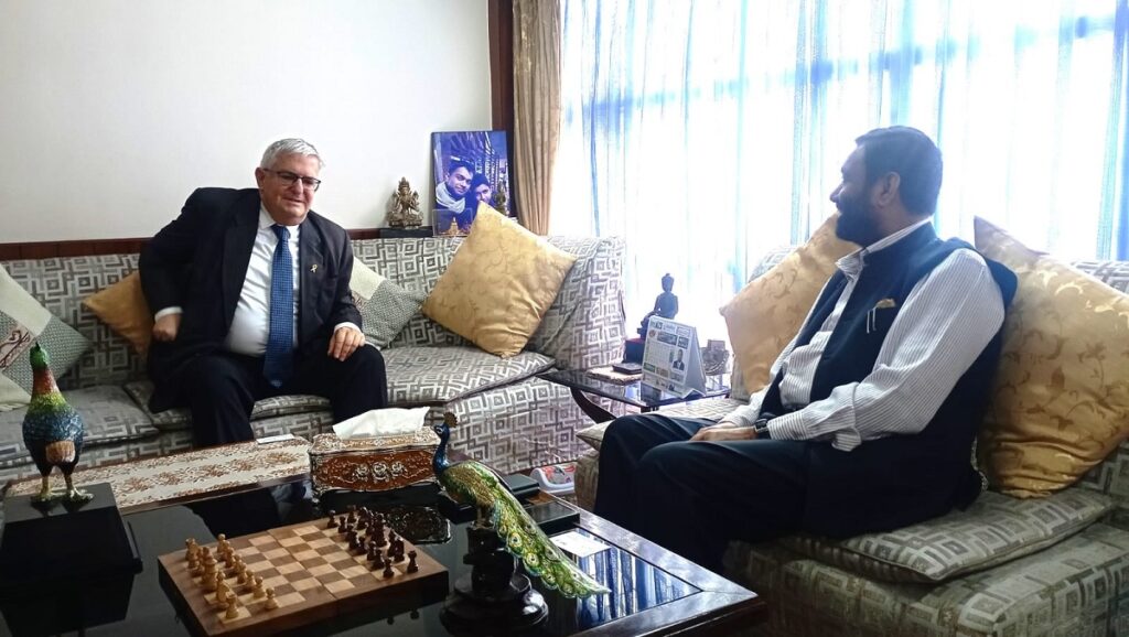 Nepali Congress leader Bimalendra Nidhi shaking hands with Israeli Ambassador Shmuel “Shmulik” Ari Bass during a meeting at Nidhi’s residence in Kathmandu.