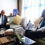 Nepali Congress leader Bimalendra Nidhi shaking hands with Israeli Ambassador Shmuel “Shmulik” Ari Bass during a meeting at Nidhi’s residence in Kathmandu.