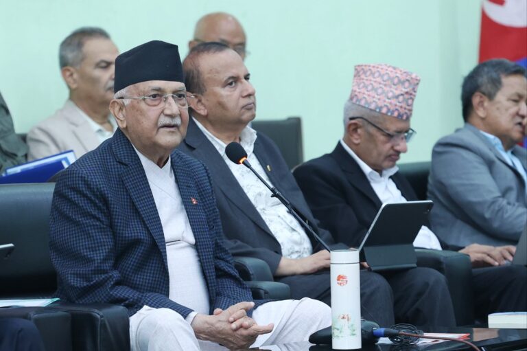 KP Sharma Oli speaking at CPN-UML Central Committee meeting in Chyasal, calling for party unity amid internal division efforts.