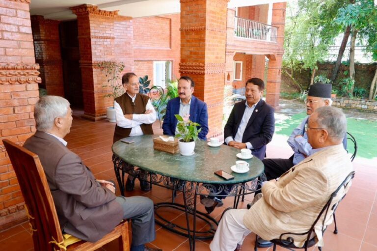 Senior Nepali Congress leaders, including Deputy Prime Minister Prakash Man Singh and former Vice Presidents Gopal Man Shrestha and Bijaya Kumar Gachhadar, meeting with party President Sher Bahadur Deuba at his Budhanilkantha residence on July 21, 2025, discussing the coalition government’s future and constitutional amendments.