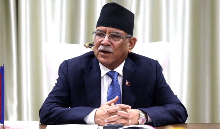Pushpa Kamal Dahal ‘Prachanda’, former Prime Minister and CPN (Maoist Centre) chairman, speaking at a public event about Nepal’s political leadership and the Maoist party’s role in protecting the constitution and marginalized communities.