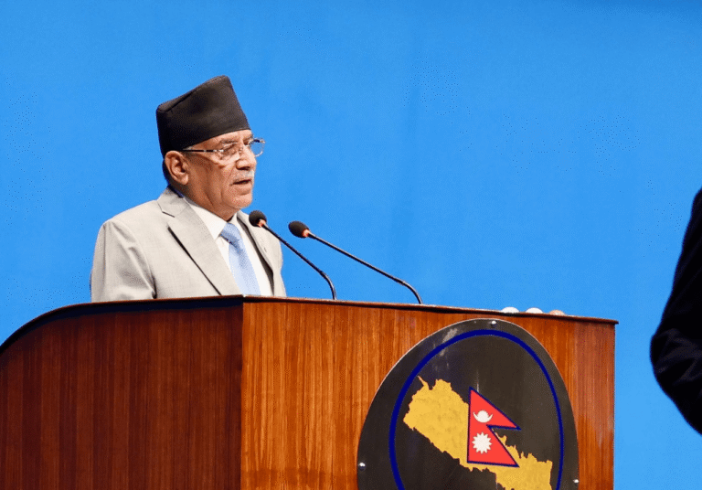 Pushpa Kamal Dahal ‘Prachanda’ speaking at Nepal’s House of Representatives, addressing controversies linked to Prime Minister KP Sharma Oli’s foreign visits and government corruption allegations.