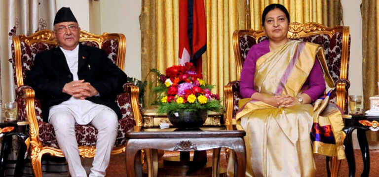 Prime Minister KP Sharma Oli and former President Bidya Devi Bhandari during a previous political event at UML central office in Chyasal, Kathmandu.