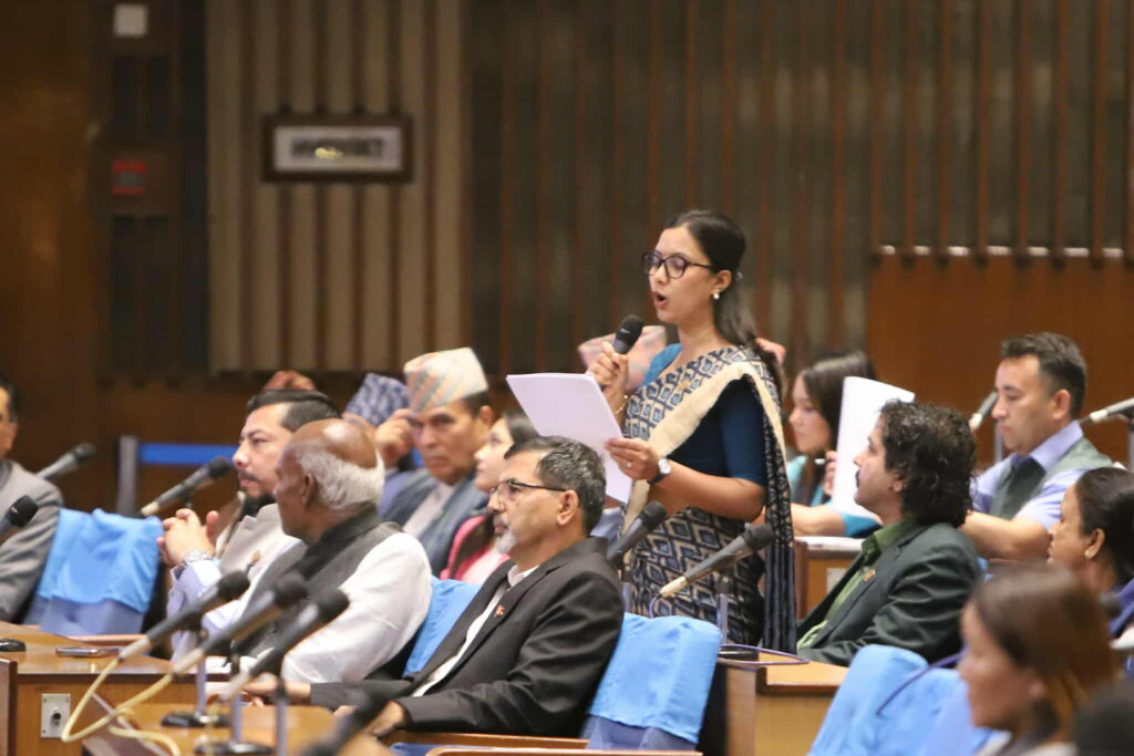 Sovita Gautam, Rastriya Swatantra Party MP, speaking during a session of Nepal’s House of Representatives in Kathmandu.