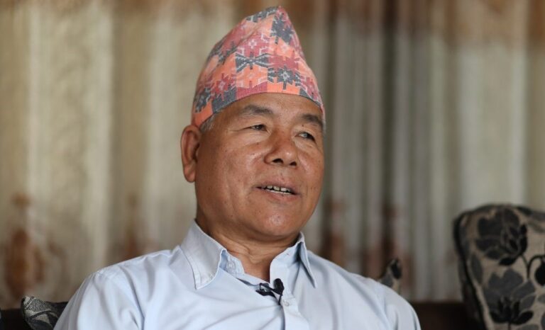 Dev Gurung speaking in Kathmandu on the need to monitor Nepal’s MCC project for possible strategic or military links.