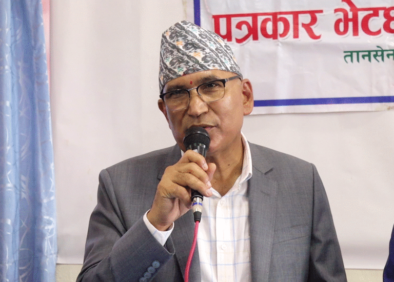 Finance Minister Bishnu Paudel addressing a press conference in Palpa, Nepal