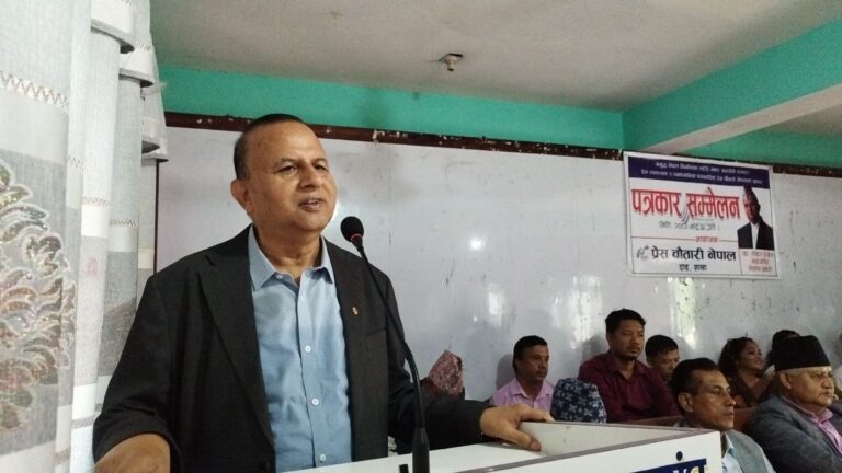 Shankar Pokharel speaking at a press conference in Dang, Nepal, addressing India–China agreement and Nepal’s border issues.