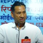 Karnabahadur Thapa speaking at Reporters’ Club Nepal in Kathmandu about Vidya Devi Bhandari’s political role