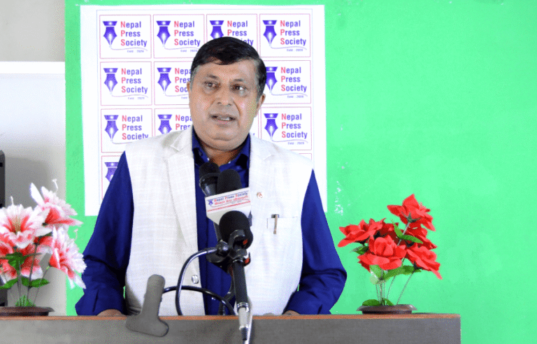 CPN-UML central committee member Nirmal Bhattarai speaking at a press interaction in Suryabinayak, Bhaktapur.