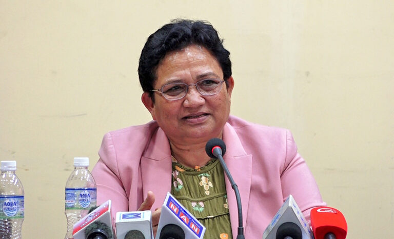 Pampha Bhusal speaking at a program in Kathmandu about songs and democracy