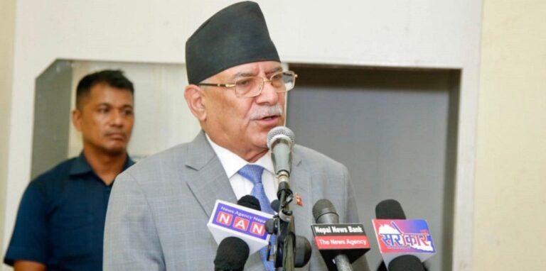 Pushpa Kamal Dahal Prachanda speaking at the 23rd Bottley Memorial Day event at CPN Maoist Centre headquarters in Parisdanda, Kathmandu, Nepal.