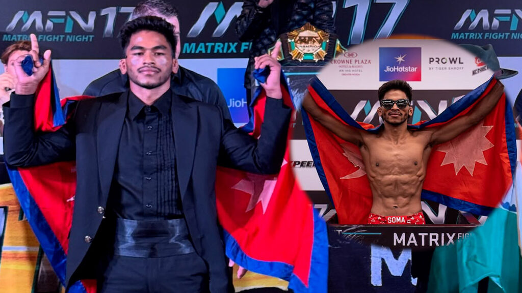 Rabindra Dhant holding Nepal flag after winning MFN 17 Bantamweight Championship title