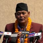 Youth and Sports Minister Tej Lal Chaudhary inspecting Kakarbhitta sports ground in Jhapa, Nepal, during a visit to review development plans and promote sports tourism.