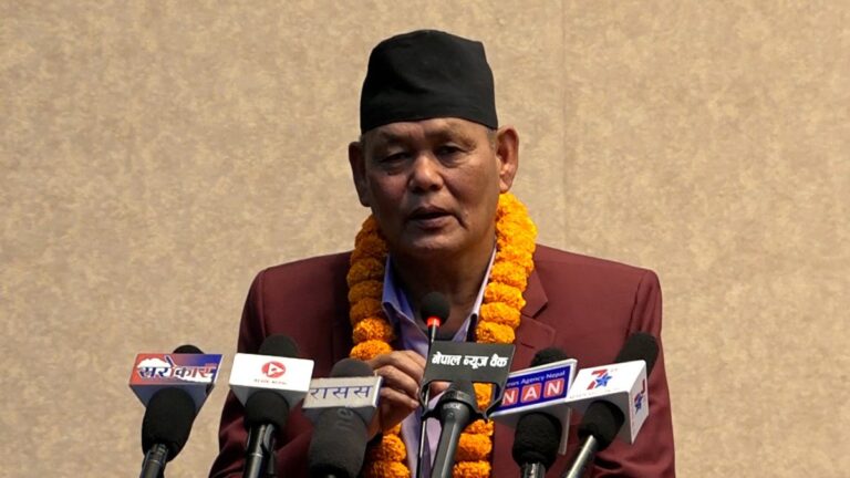 Youth and Sports Minister Tej Lal Chaudhary inspecting Kakarbhitta sports ground in Jhapa, Nepal, during a visit to review development plans and promote sports tourism.