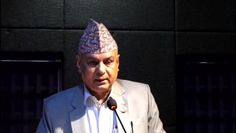 Nepali Congress Chief Whip Shyamkumar Ghimire speaking at a program in Kathmandu about Nepal’s federal structure and constitutional challenges.