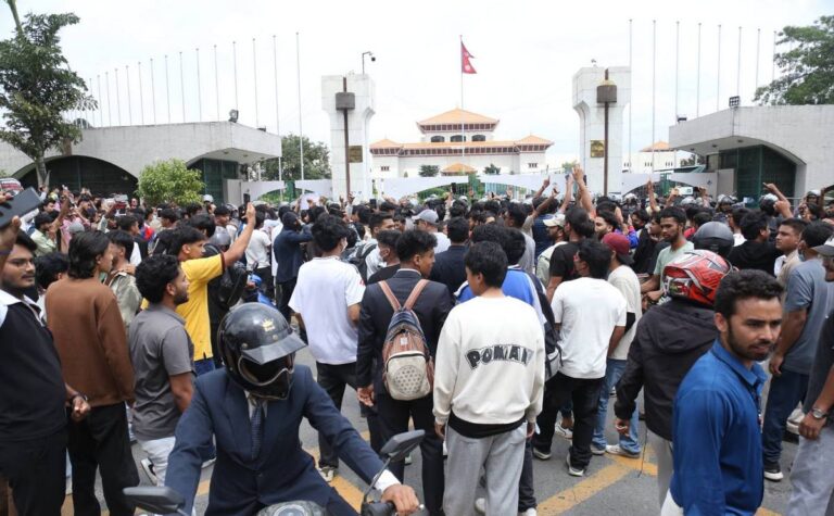 Gen Z protesters in Kathmandu march toward the parliament building in New Baneshwor demanding an end to corruption and the lifting of social media restrictions.