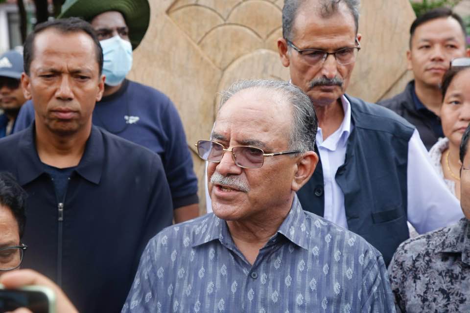 Prachanda inspects fire-damaged party headquarters in Parisdanda, Kathmandu.