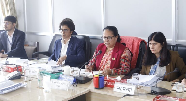 Minister Bhagwati Nyaupane addressing the National Assembly committee on retirement age decision
