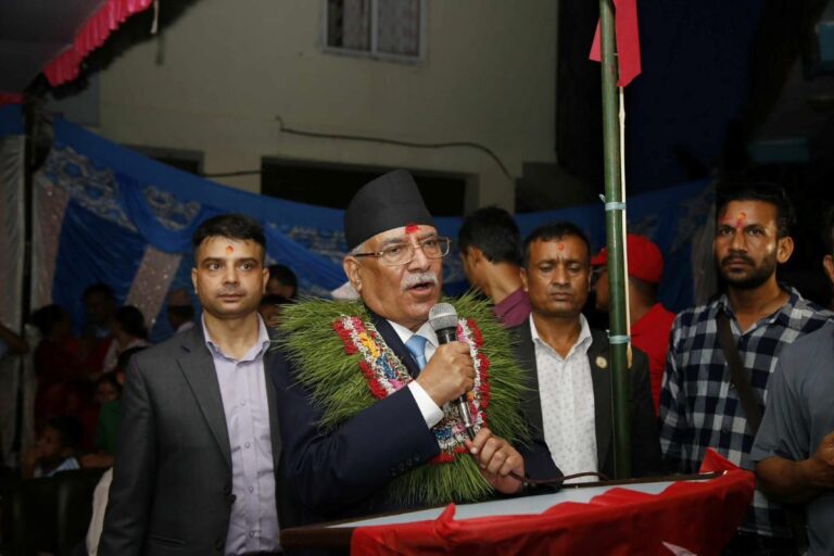 Prachanda addressing a mass gathering in Bhorletar, Lamjung, accusing brokers of engineering the Congress–UML government in Nepal.