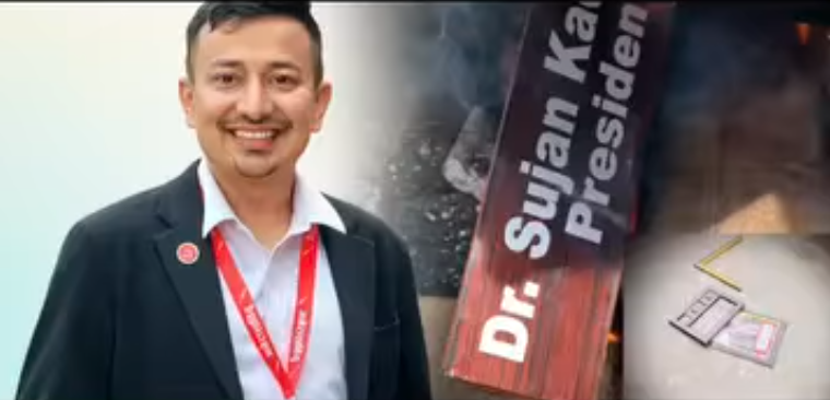 ANNFSU members burn the nameplate and photo of Chair Dr. Sujan Kaderia during a protest in Kathmandu.