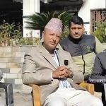 Former Energy Minister Deepak Khadka speaks to reporters at his Budhanilkantha residence following the money-scattering incident.