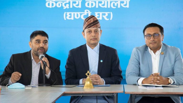 Rastriya Swatantra Party leaders attend a meeting at the party headquarters in Kathmandu to discuss upcoming organizational plans.