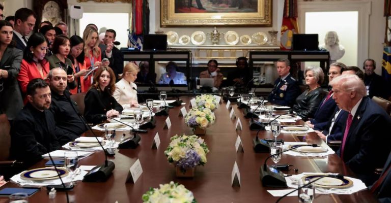 U.S. President Donald Trump and Ukrainian President Volodymyr Zelensky during their meeting at the White House in Washington, D.C., discussing military aid and the Tomahawk missile decision.