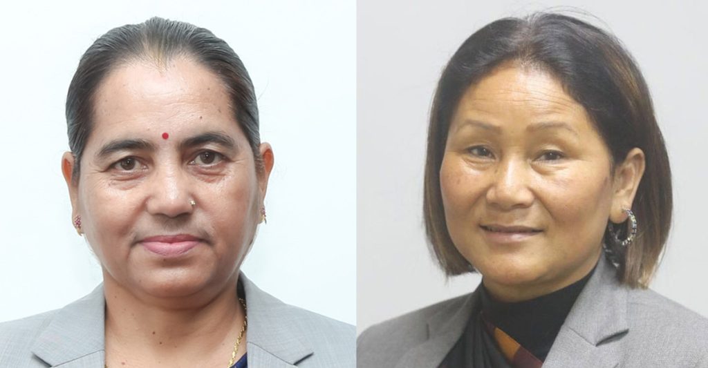 Deputy Speaker Indira Ranamagar and National Assembly Vice Chairperson Bimala Ghimire at the Federal Parliament Building after the government ended lawmakers’ personal secretary facility.