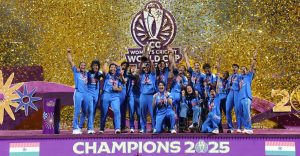 Indian women’s cricket team celebrates with the ICC Women’s ODI World Cup trophy after defeating South Africa by 52 runs in the 2025 final at DY Patil Sports Academy, Mumbai.