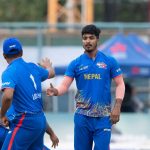Nepal cricket players celebrate after defeating India by 92 runs in the Hong Kong Sixes Bowl League.