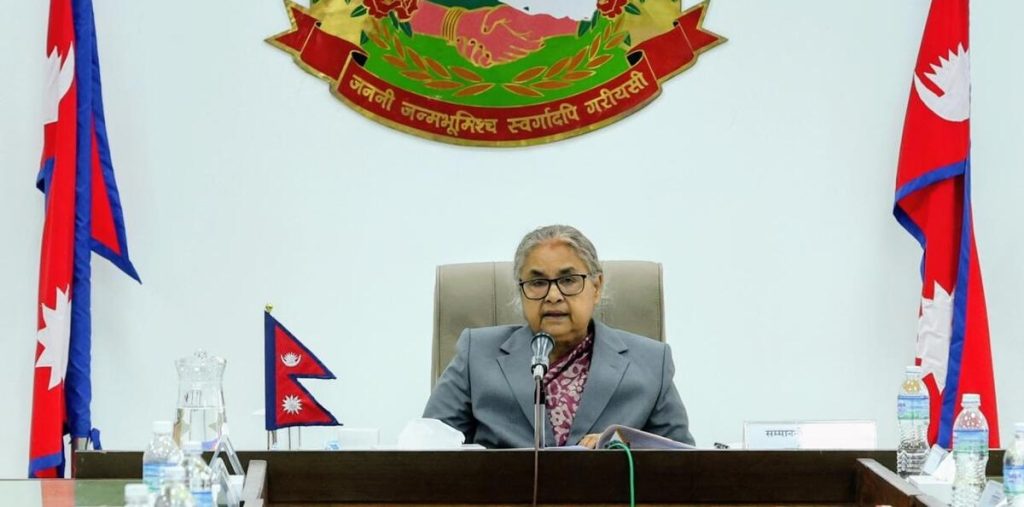 Prime Minister Sushila Karki speaking during an all-party meeting on weapons recovery and escaped inmates