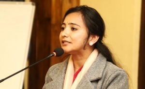 Dr. Tosima Karki speaking during the Rastriya Swatantra Party’s extended meeting in Sauraha, Chitwan, where she objected to DP Aryal’s “Red Revolution” remark.