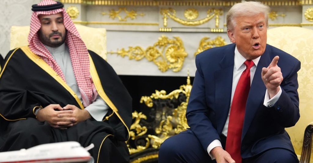 President Donald Trump and Saudi Crown Prince Mohammed bin Salman during a tense White House press briefing.