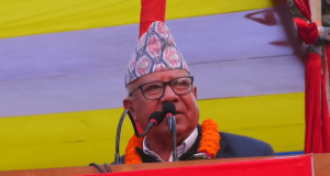 Madhav Kumar Nepal addressing a unity message assembly in Biratnagar.
